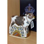 A BOXED ROYAL CROWN DERBY 'BLUEBELL CALF' PAPERWEIGHT, with gold stopper, red printed backstamp