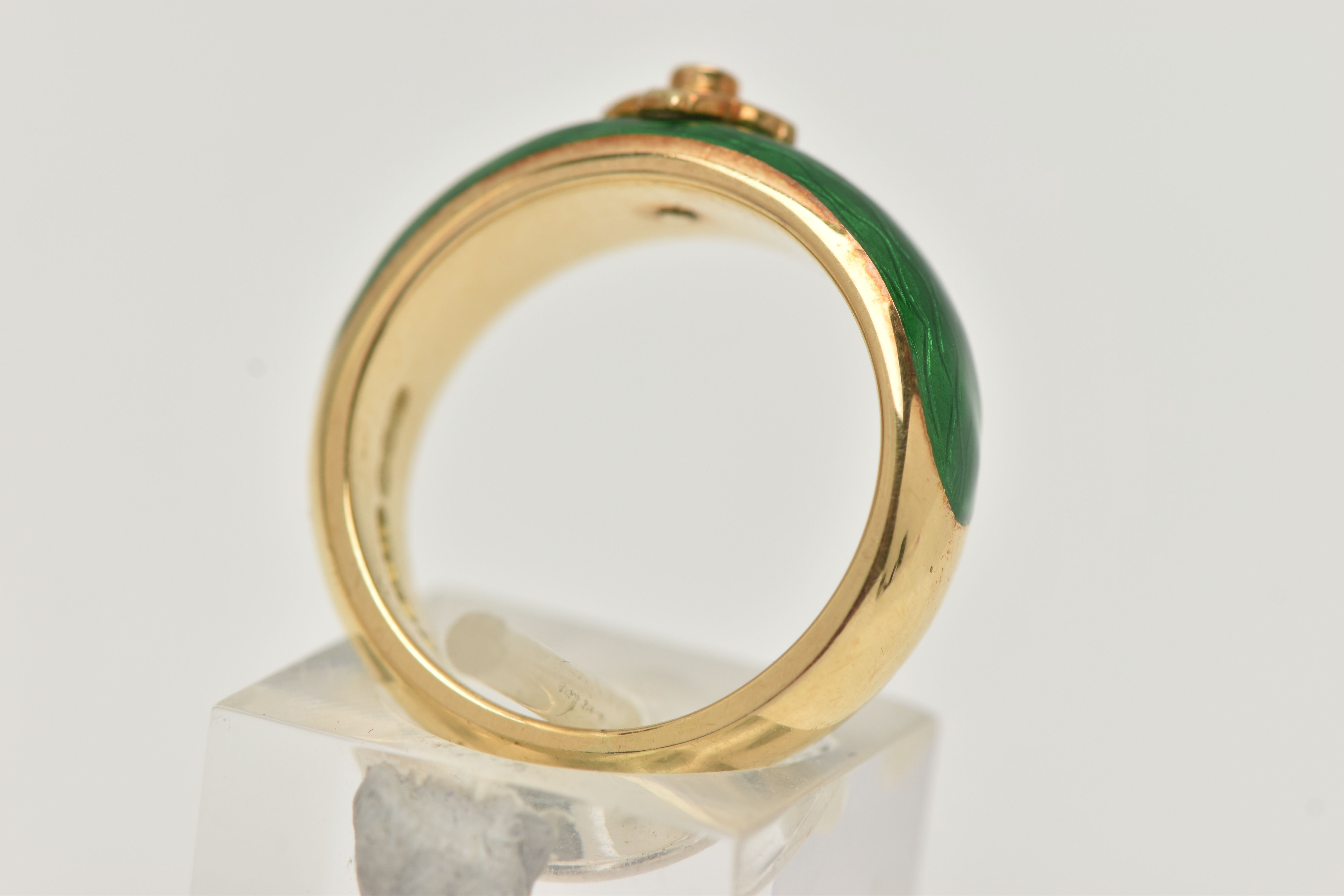 AN 18CT GOLD ENAMEL AND DIAMOND RING, the tapered band with green enamel to the front, a - Image 3 of 6