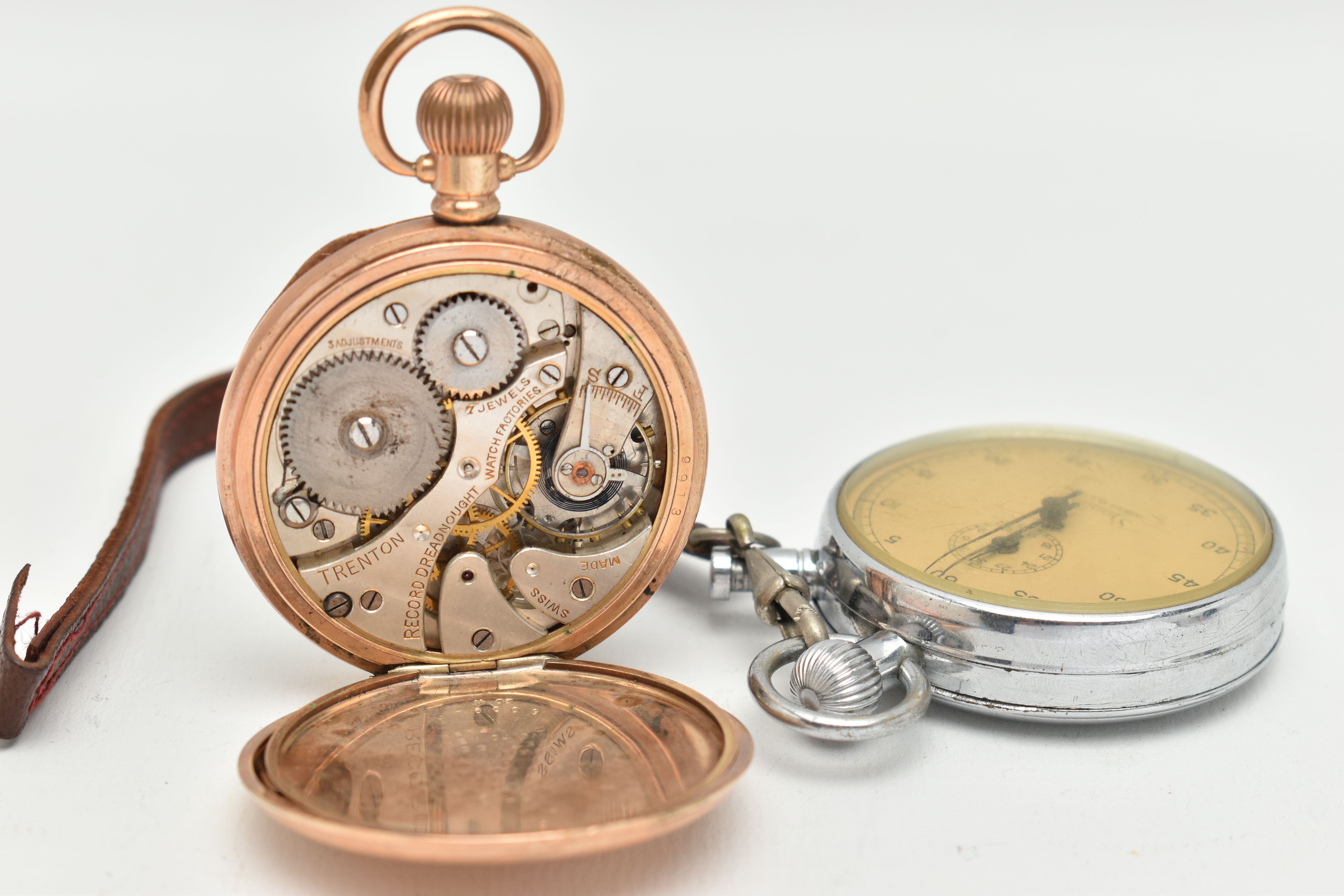 A ROLLED GOLD OPEN FACE POCKET WATCH AND A STOP WATCH, manual wind pocket watch, round white dial - Image 3 of 4