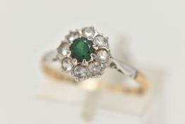A 9CT GOLD CLUSTER RING, set to the centre with a circular cut green spinel in a surround of