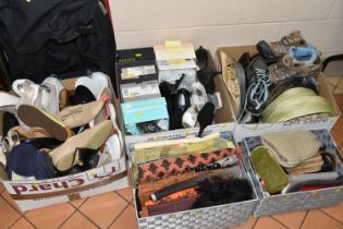 FIVE BOXES OF LADIES' SHOES, HATS AND ACCESSORIES, to include a quantity of shoes and boots, size UK