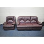 A PLUM LEATHER UPHOLSTERED THREE PIECE LOUNGE SUITE, comprising a three seater sofa, length 203cm