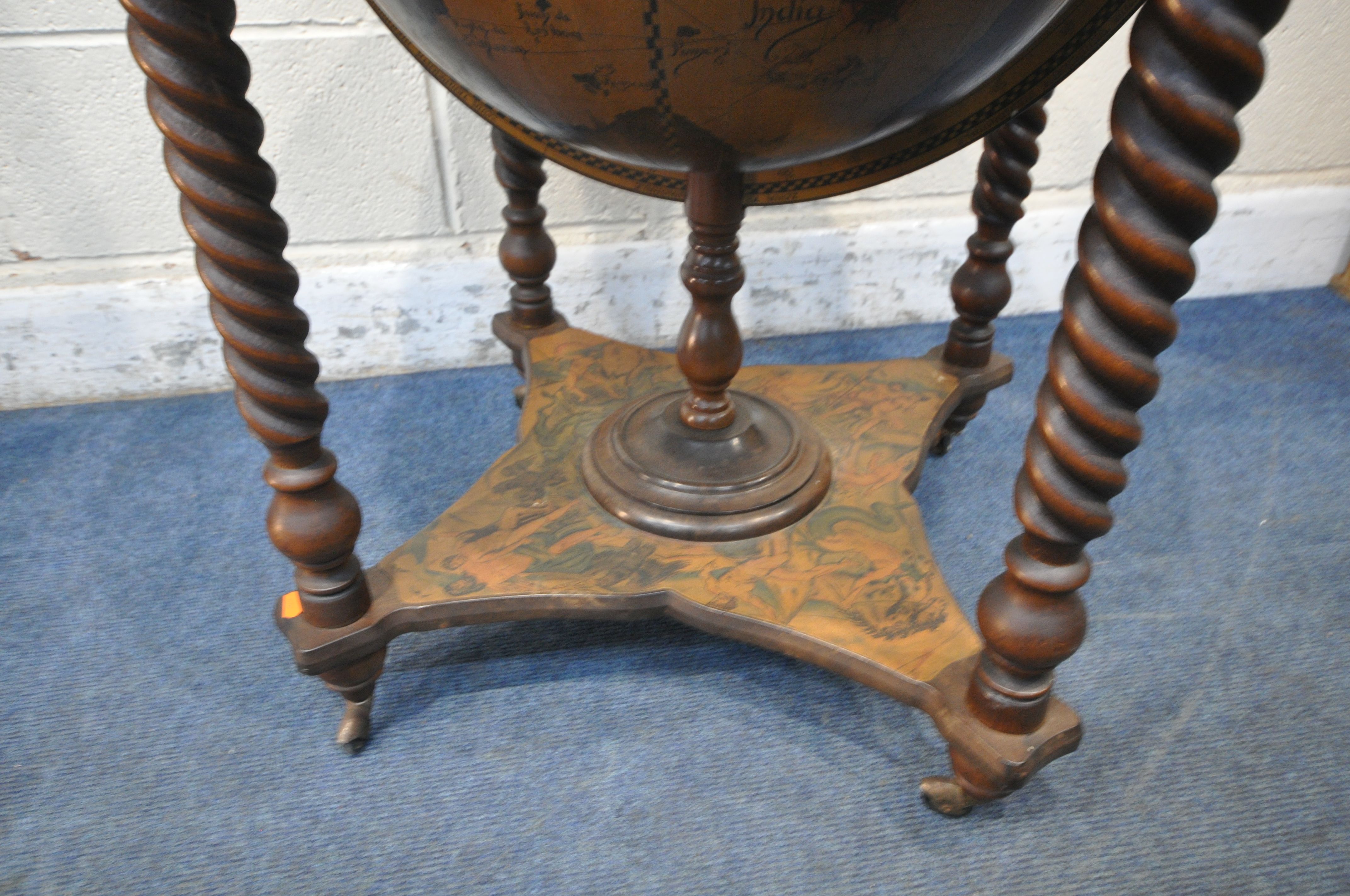 A 20TH CENTURY DRINKS GLOBE, with a hinged lid, enclosing a fitted interior, raised on spiral - Image 9 of 9