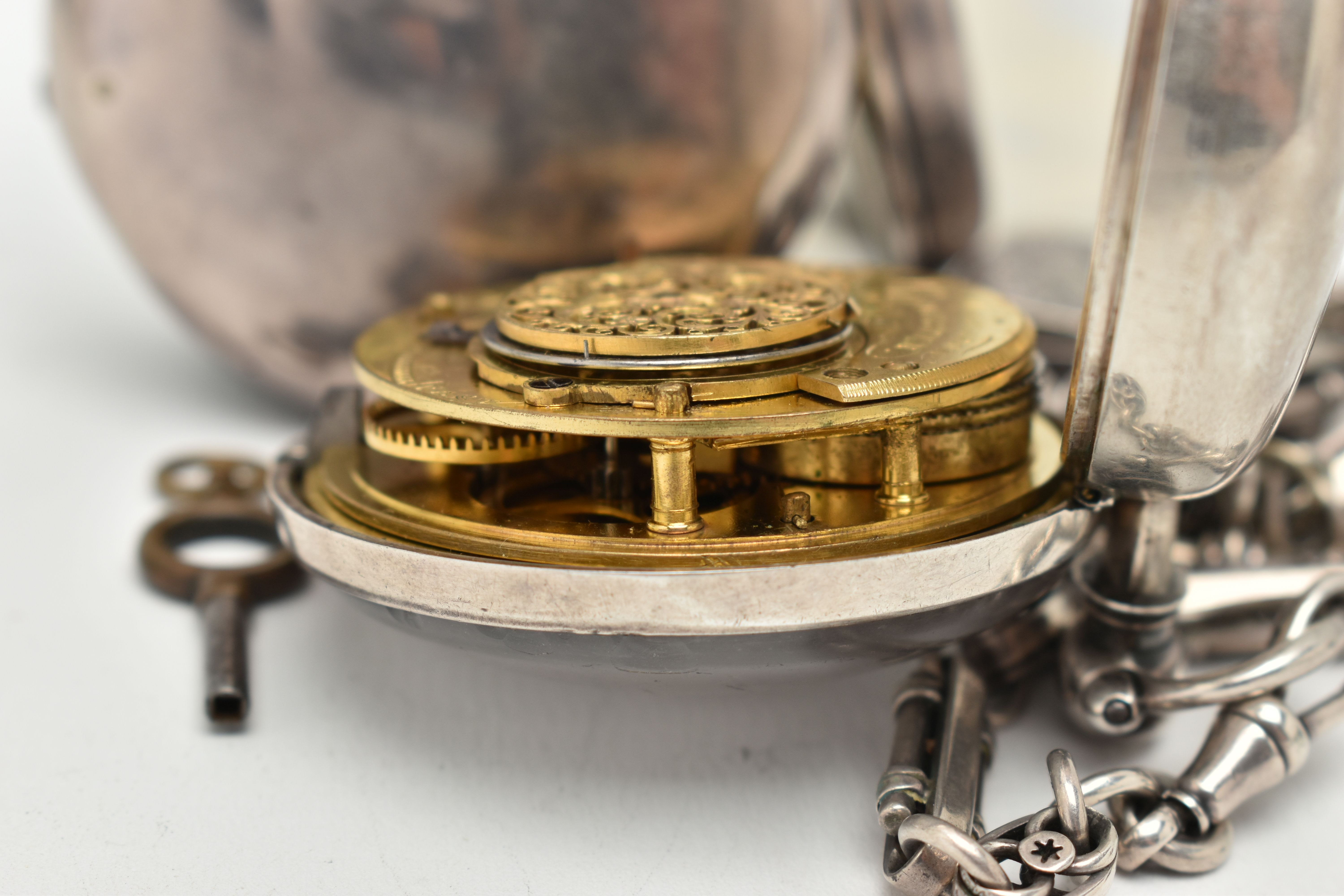 A GEORGE IV SILVER OPEN FACE PAIR CASE POCKET WATCH AND ALBERT CHAIN WITH FOB, key wound, round - Image 7 of 8