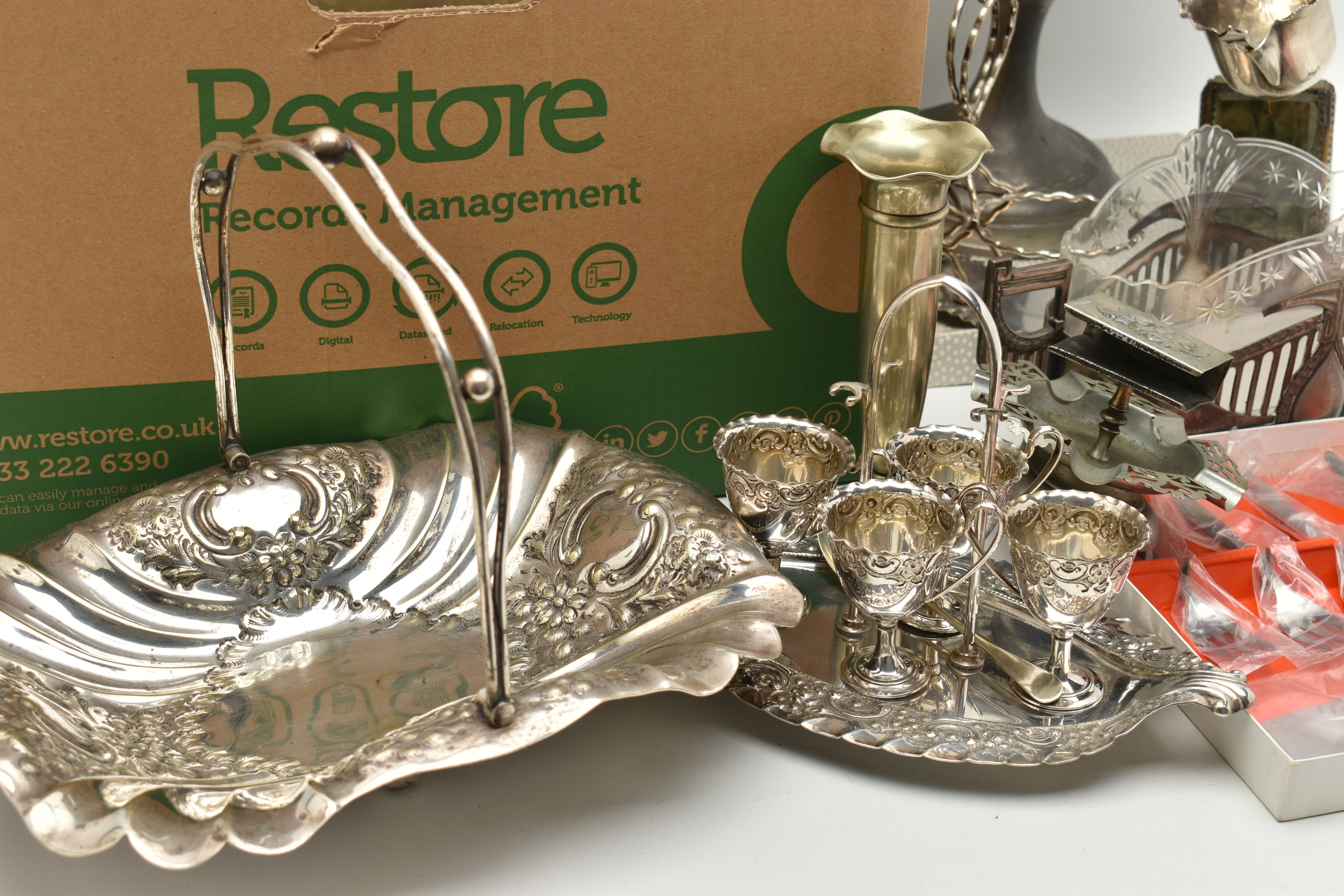 A BOX OF ASSORTED WHITE METAL WARE, to include a large white metal tea urn, EPNS egg cups with - Image 3 of 6