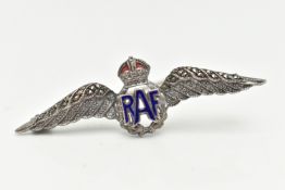 A WHITE METAL 'RAF' SWEETHEART BROOCH, with blue enamel detail and set with marcasite, approximate