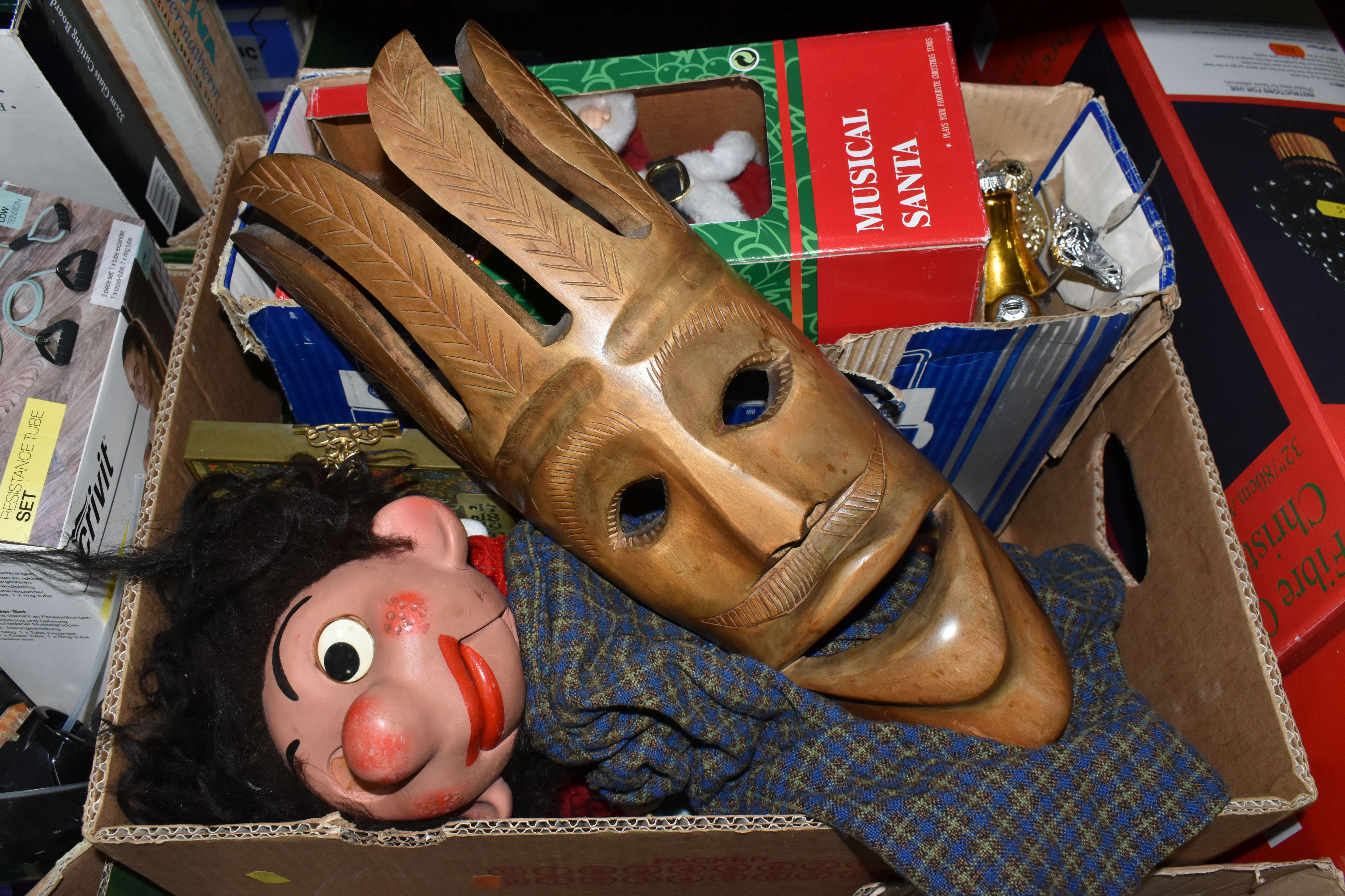 FIVE BOXES OF HOUSEHOLD EQUIPMENT, KNITTING NEEDLES, CHRISTMAS DECORATIONS, PELHAM HAND PUPPET, ETC, - Image 5 of 7