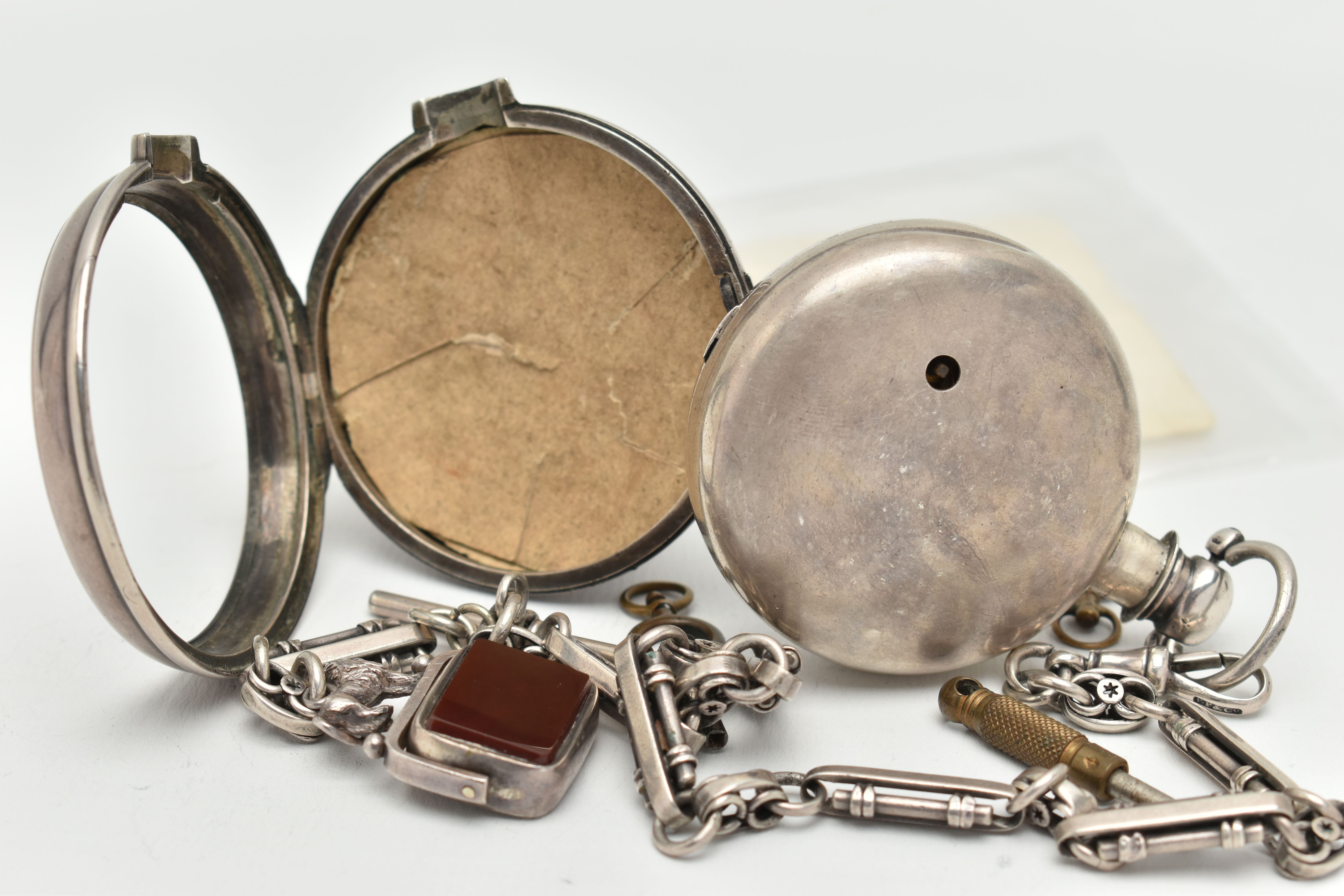 A GEORGE IV SILVER OPEN FACE PAIR CASE POCKET WATCH AND ALBERT CHAIN WITH FOB, key wound, round - Image 5 of 8