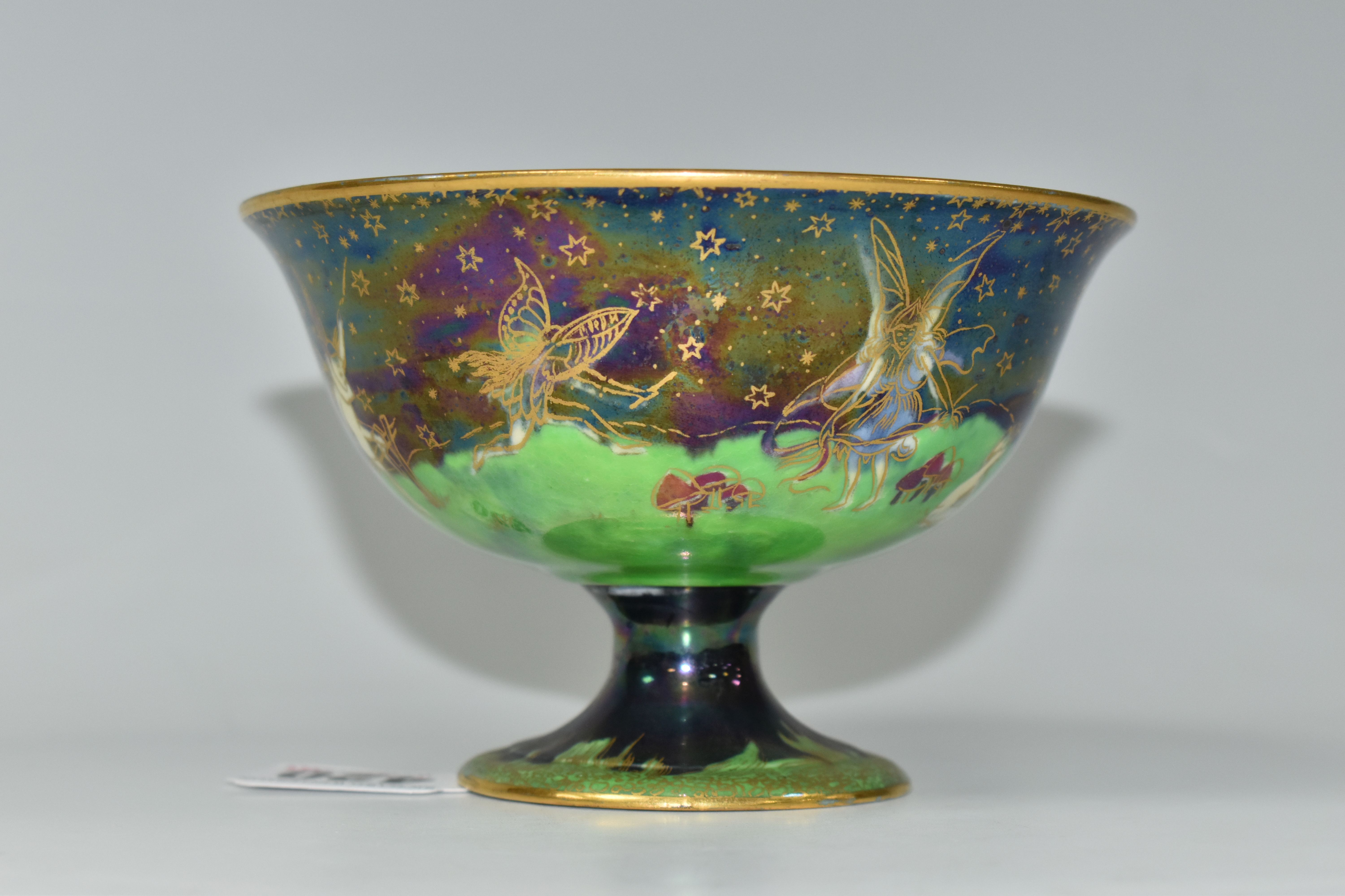 A WEDGWOOD FAIRYLAND LUSTRE FOOTED BOWL, decorated with a mother of pearl lustre with fairies in - Image 3 of 9