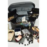 A STORAGE BOX WITH COSTUME JEWELLERY, to include a boxed 'Monet' gold tone and paste set necklace