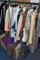 TWO BOXES AND LOOSE LADIES CLOTHING, a large quantity of ladies clothing comprising jackets,