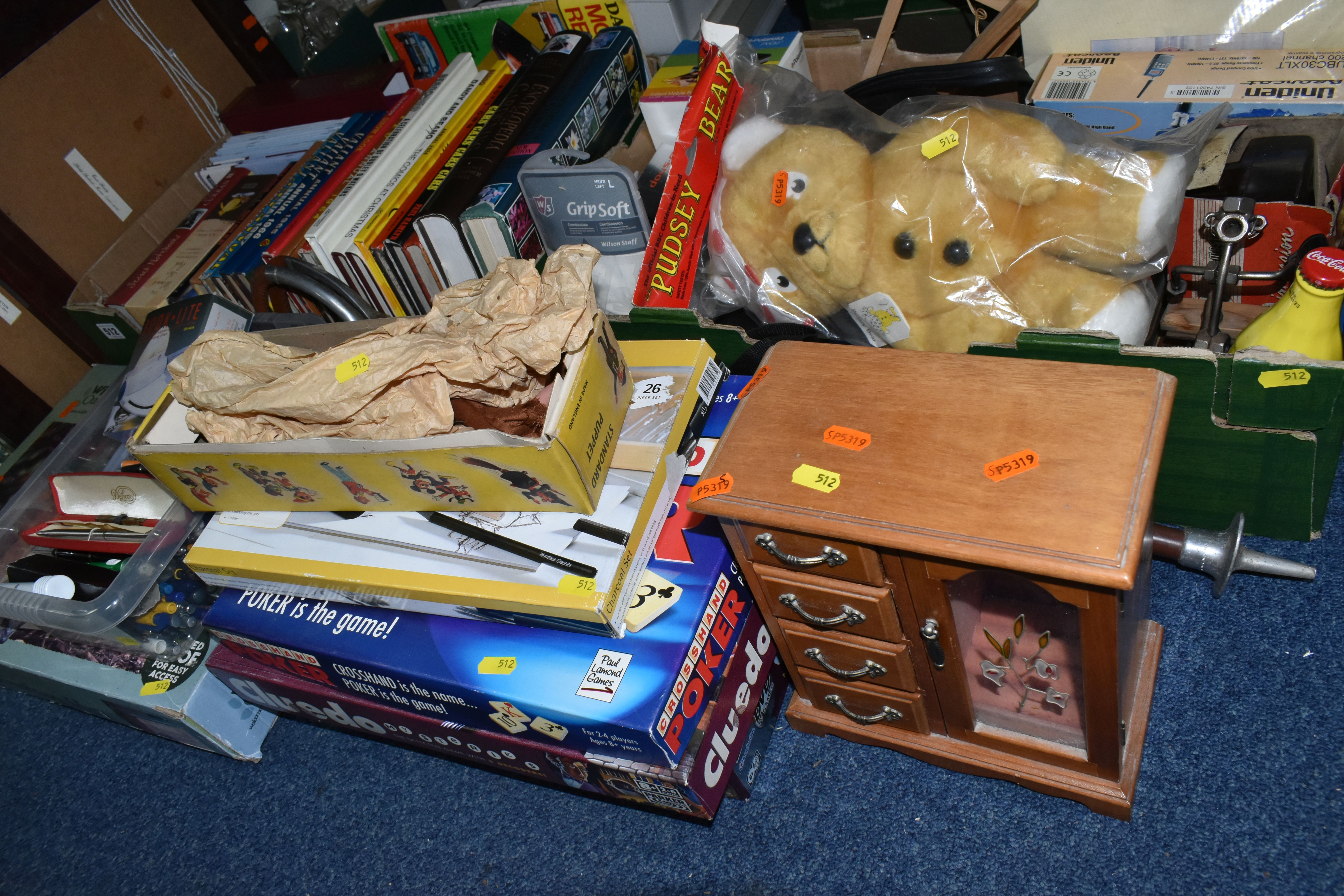 TWO BOXES AND LOOSE, INCLUDING BOOKS, GAMES, PELHAM PUPPET, SHOOTING STICK, a variety of board - Image 2 of 7
