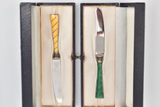 TWO CASED 'RAADVAD' DANISH TEA KNIVES, with guilloche enamel detail, approximate length 116mm,