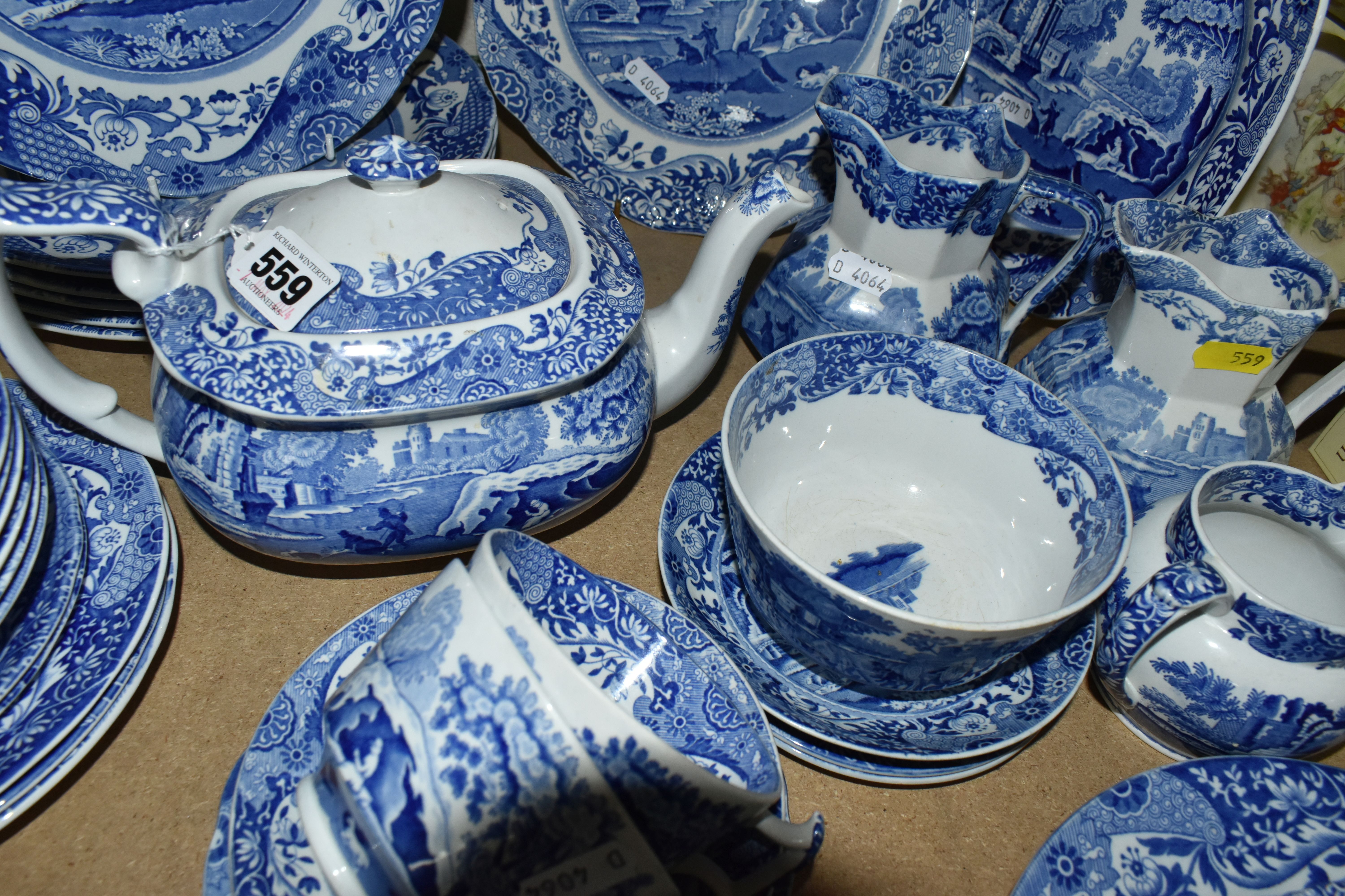 A GROUP OF SPODE'S ITALIAN DESIGN BLUE AND WHITE DINNERWARE, comprising a teapot, covered butter - Image 7 of 7