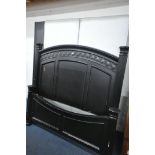 AN LARGE EBONISED 5FT BEDSTEAD, with side rails and slats, and bedstead mattress bed bases (