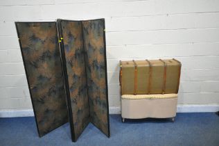 A FOUR PANEL FOLDING SCREEN, with foliate decoration, length 217cm x height 171cm, a wicker ottoman,