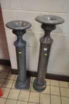 TWO MARBLE PILLARS, with dish tops, cylindrical columns on stepped bases, tallest height 110cm (