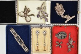 AN ASSORTMENT OF WHITE METAL JEWELLERY, to include a pair of art deco style, white metal screw