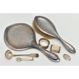 A SMALL ASSORTMENT OF SILVER, to include a hand held mirror and hair brush, hallmark rubbed