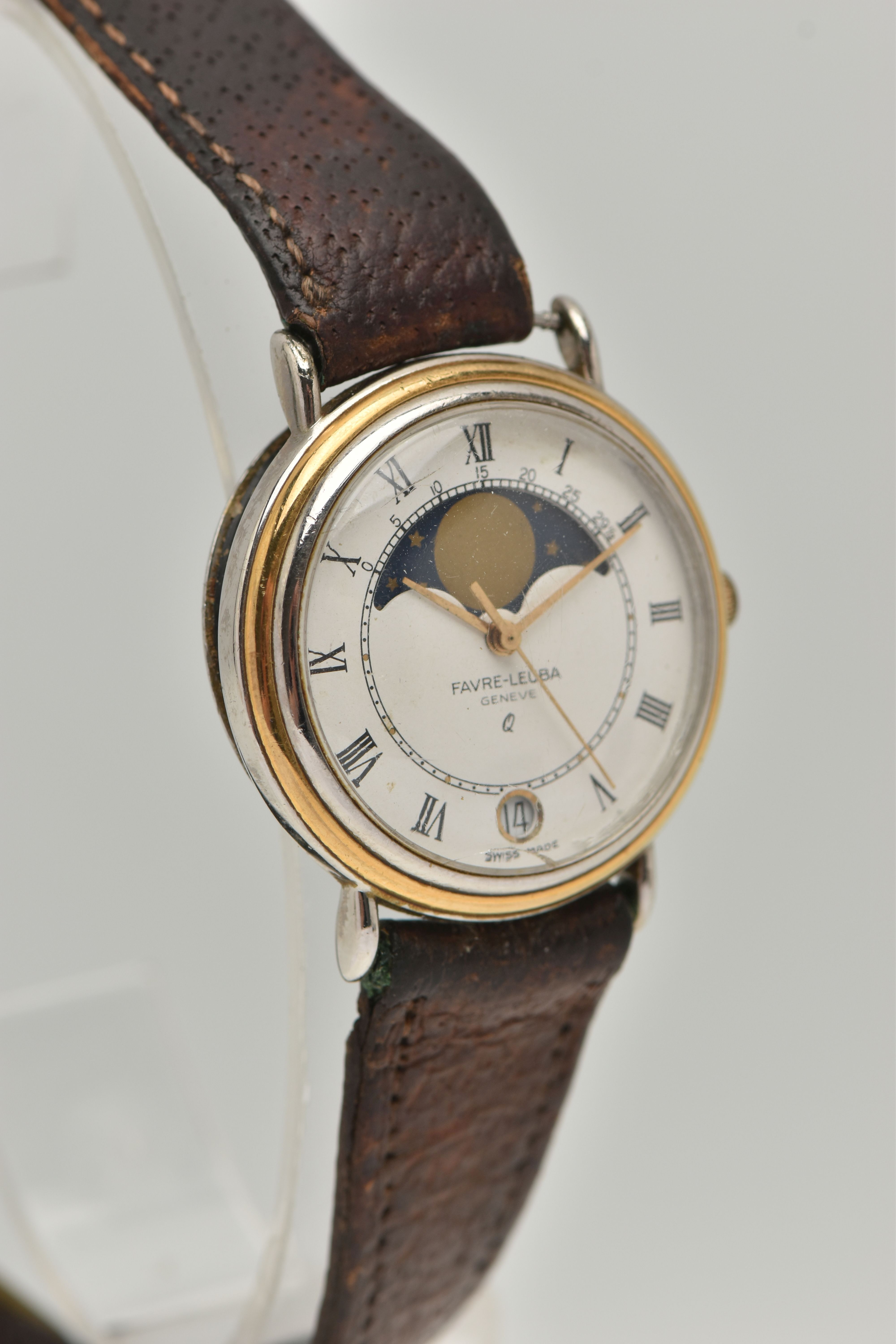 A GENTS 'FAVRE-LEUBA' WRISTWATCH, quartz movement, round moon phase white dial, Roman numerals, date - Image 2 of 6