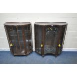 TWO 20TH CENTURY MAHOGANY DISPLAY CABINETS, each with a single door and two glass shelves, on
