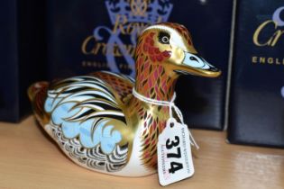 A BOXED ROYAL CROWN DERBY 'COLLECTORS GUILD DUCK' PAPERWEIGHT, with gold stopper, red printed
