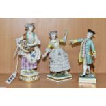 A MEISSEN PORCELAIN FIGURE OF A GARDENER AND TWO OTHER CONTINENTAL PORCELAIN FIGURES, the Meissen