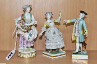 A MEISSEN PORCELAIN FIGURE OF A GARDENER AND TWO OTHER CONTINENTAL PORCELAIN FIGURES, the Meissen