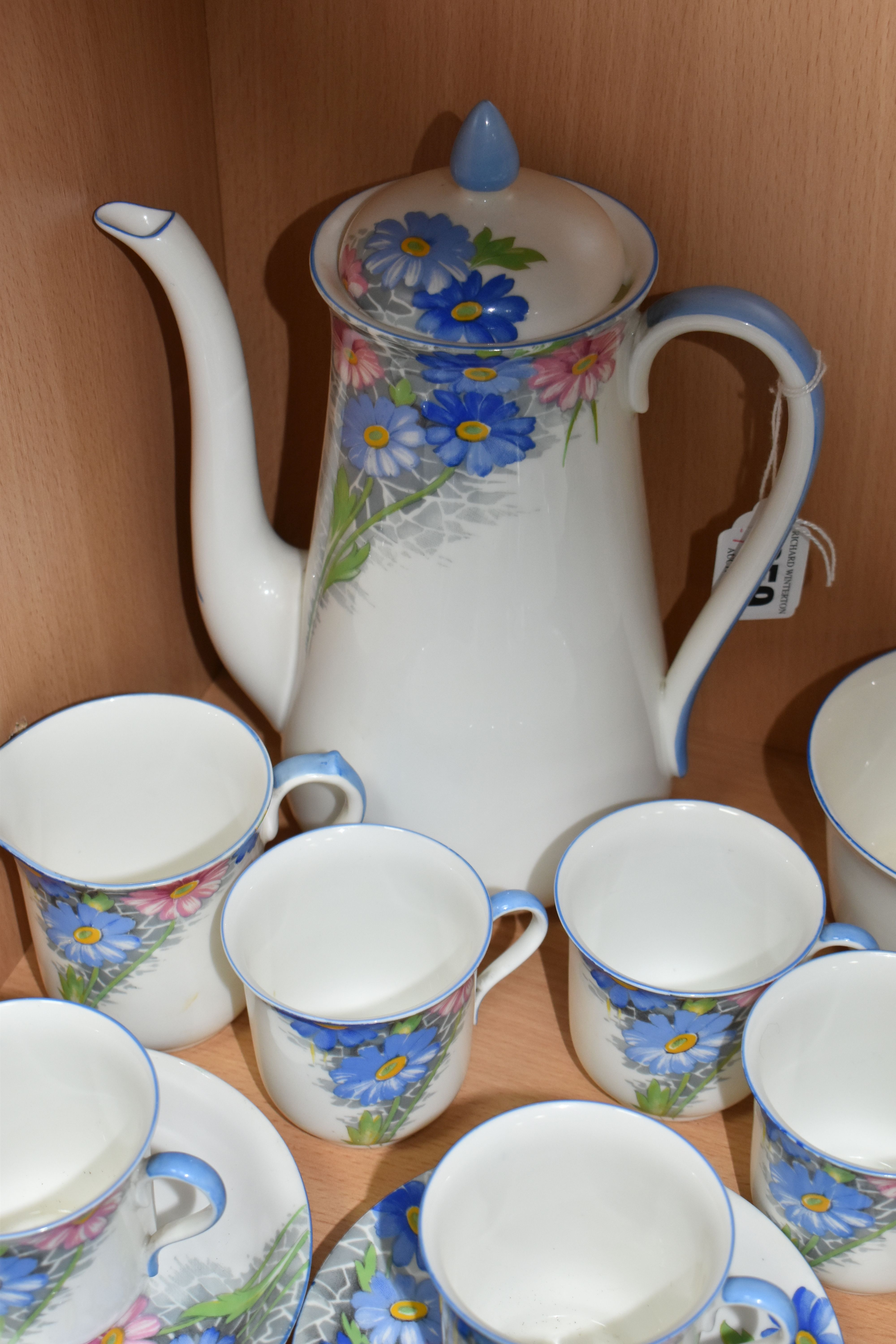 A SHELLEY COFFEE SET, pattern number 12216, decorated with a blue and pink floral design on a - Image 2 of 6