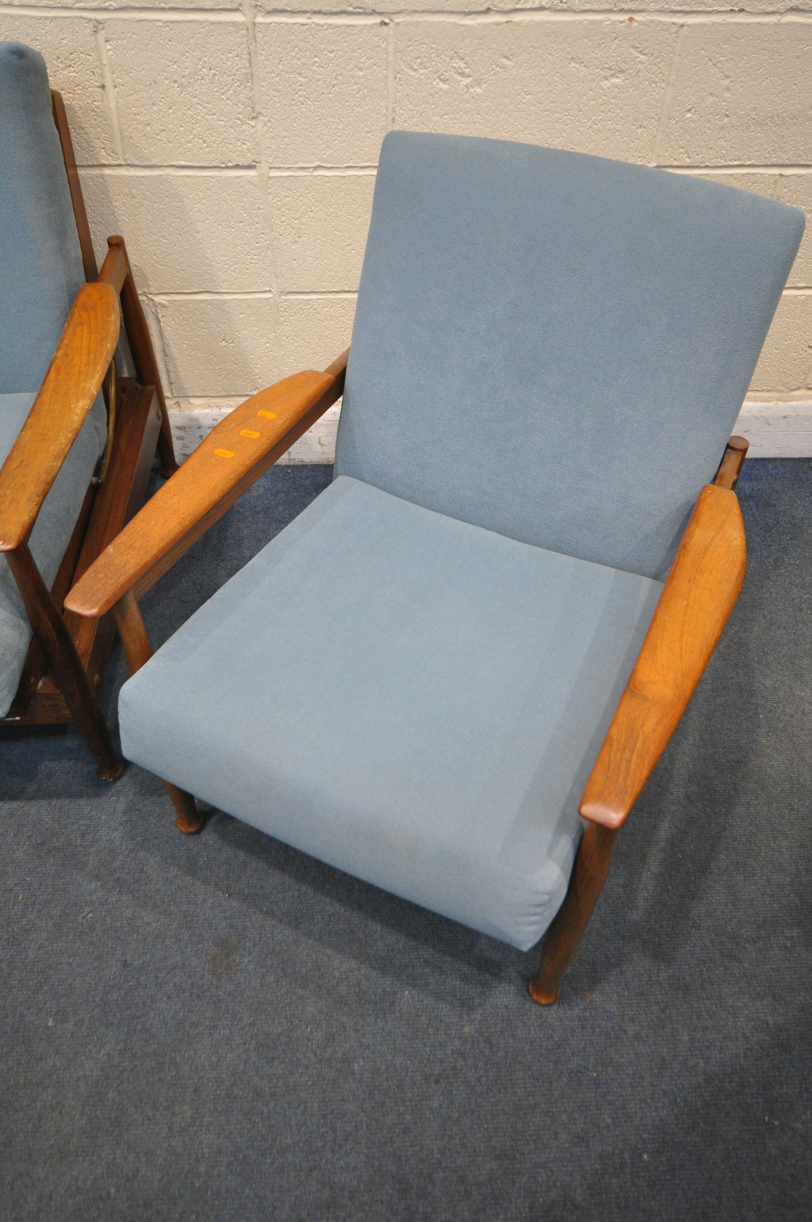 GUY ROGERS, A MID CENTURY TEAK 'MANHATTAN' THREE PIECE SUITE, covered with blue fabric, comprising a - Image 6 of 14