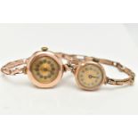 TWO LADIES 9CT GOLD WRISTWATCHES, the first a manual wind watch, worn two tone dial, polished