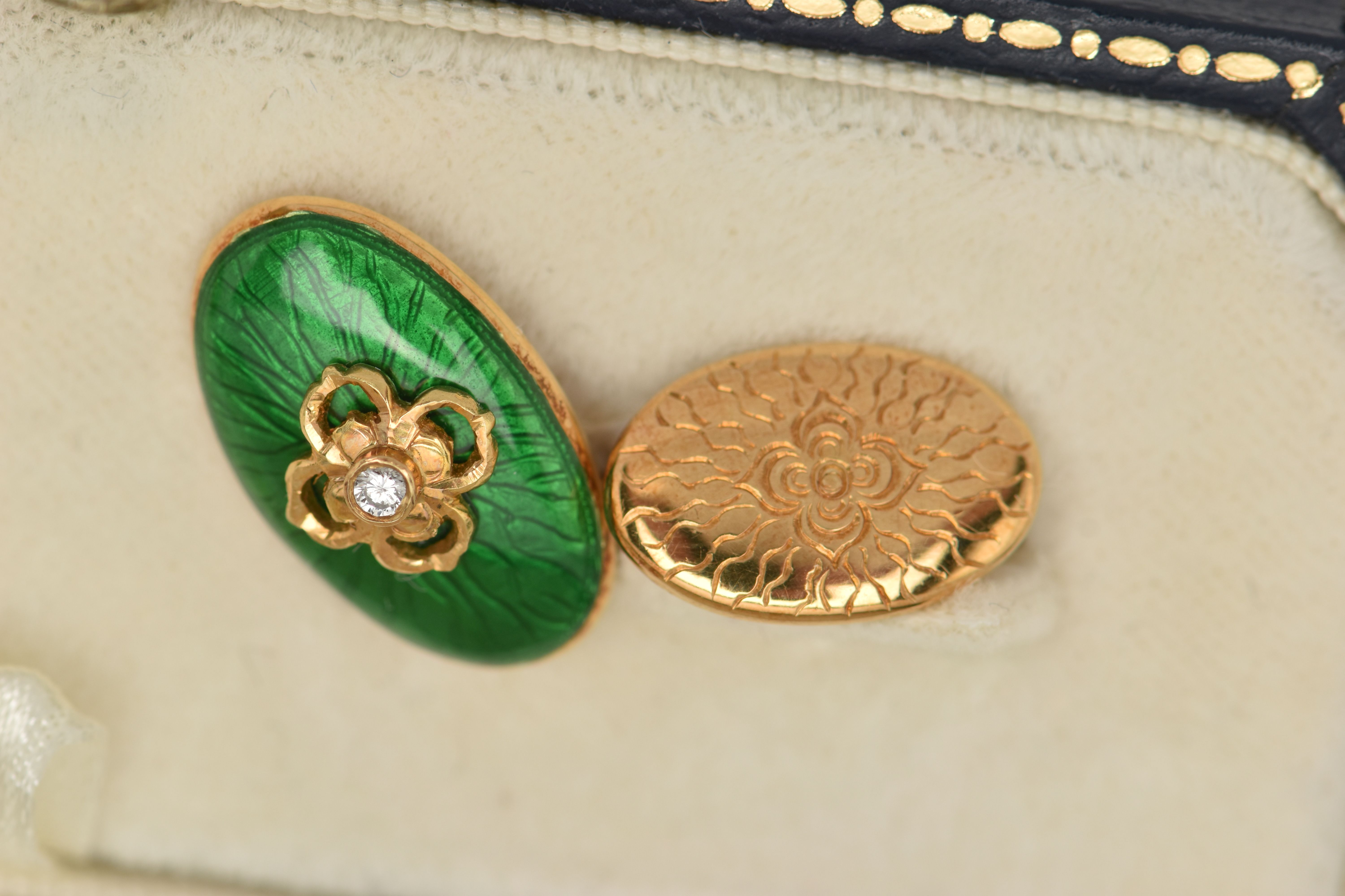 A PAIR OF 18CT GOLD ENAMEL AND DIAMOND CUFFLINKS, each designed as an oval green enamel panel with - Image 2 of 4