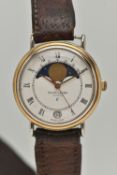 A GENTS 'FAVRE-LEUBA' WRISTWATCH, quartz movement, round moon phase white dial, Roman numerals, date