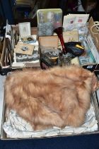 A BOX AND LOOSE FUR CAPE, EPHEMERA AND SUNDRY ITEMS, to include a boxed fox fur cape, a quantity