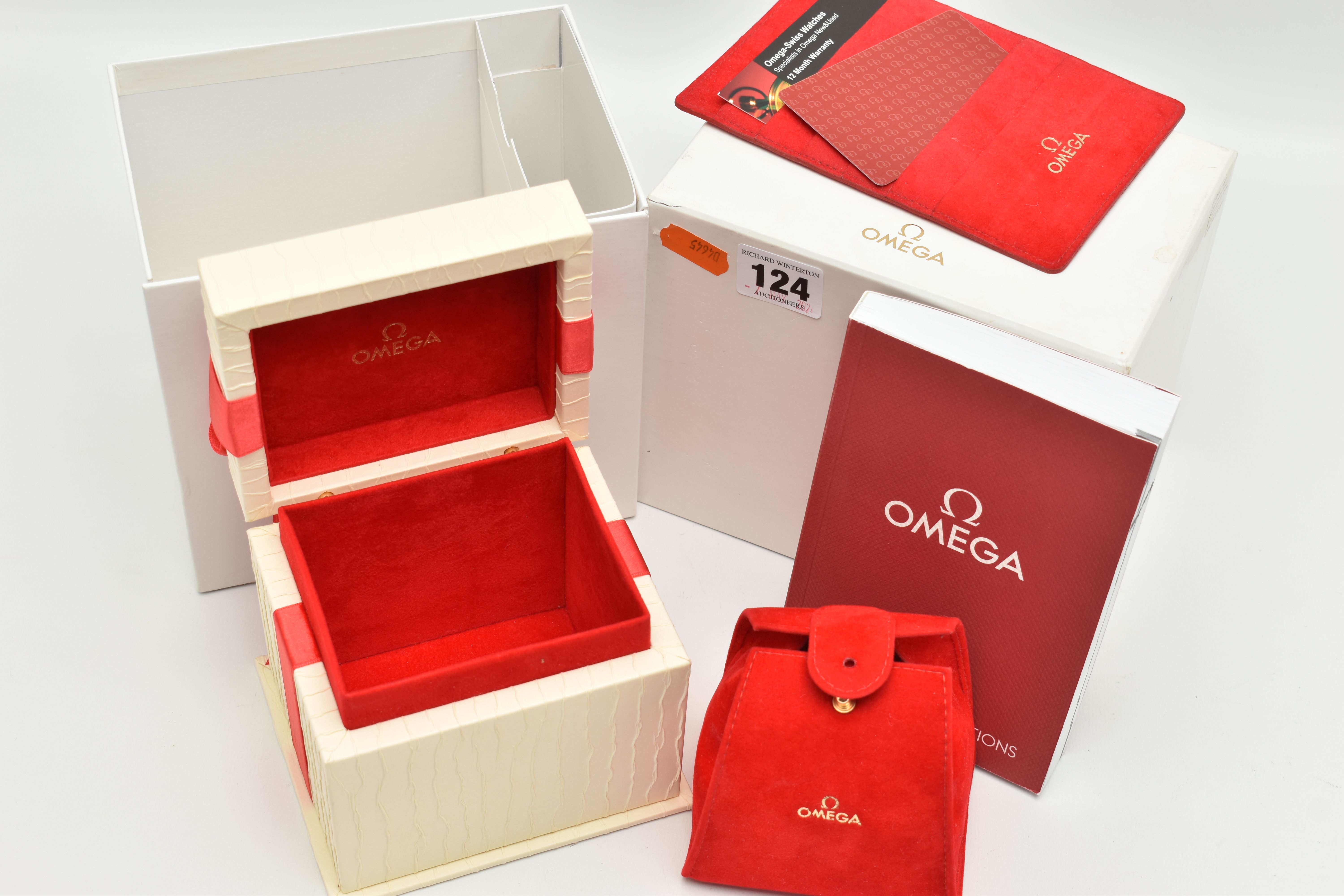 AN 'OMEGA' WATCH BOX, textured box with red ribbon detail, travel pouch interior, also including a - Image 2 of 4