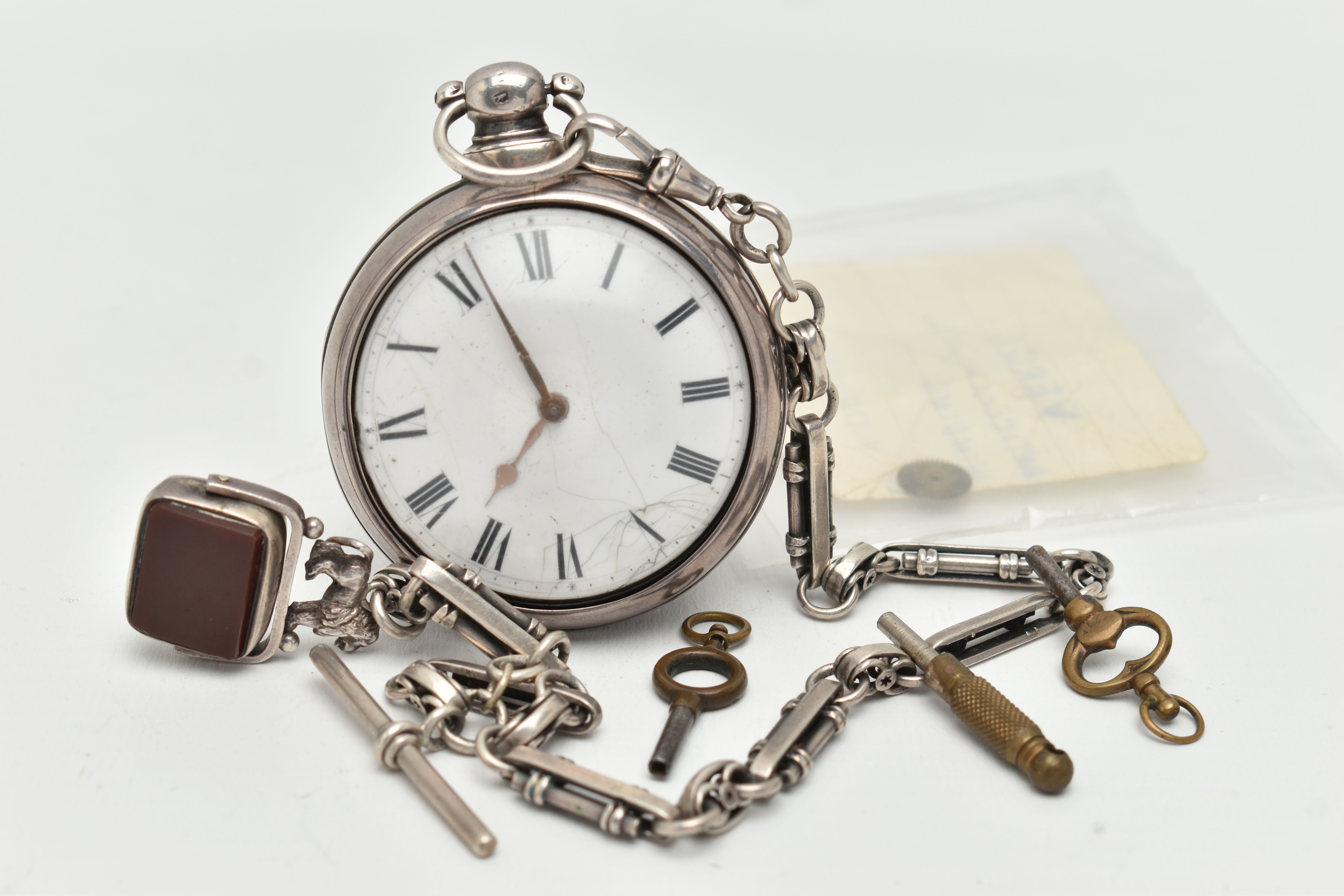 A GEORGE IV SILVER OPEN FACE PAIR CASE POCKET WATCH AND ALBERT CHAIN WITH FOB, key wound, round