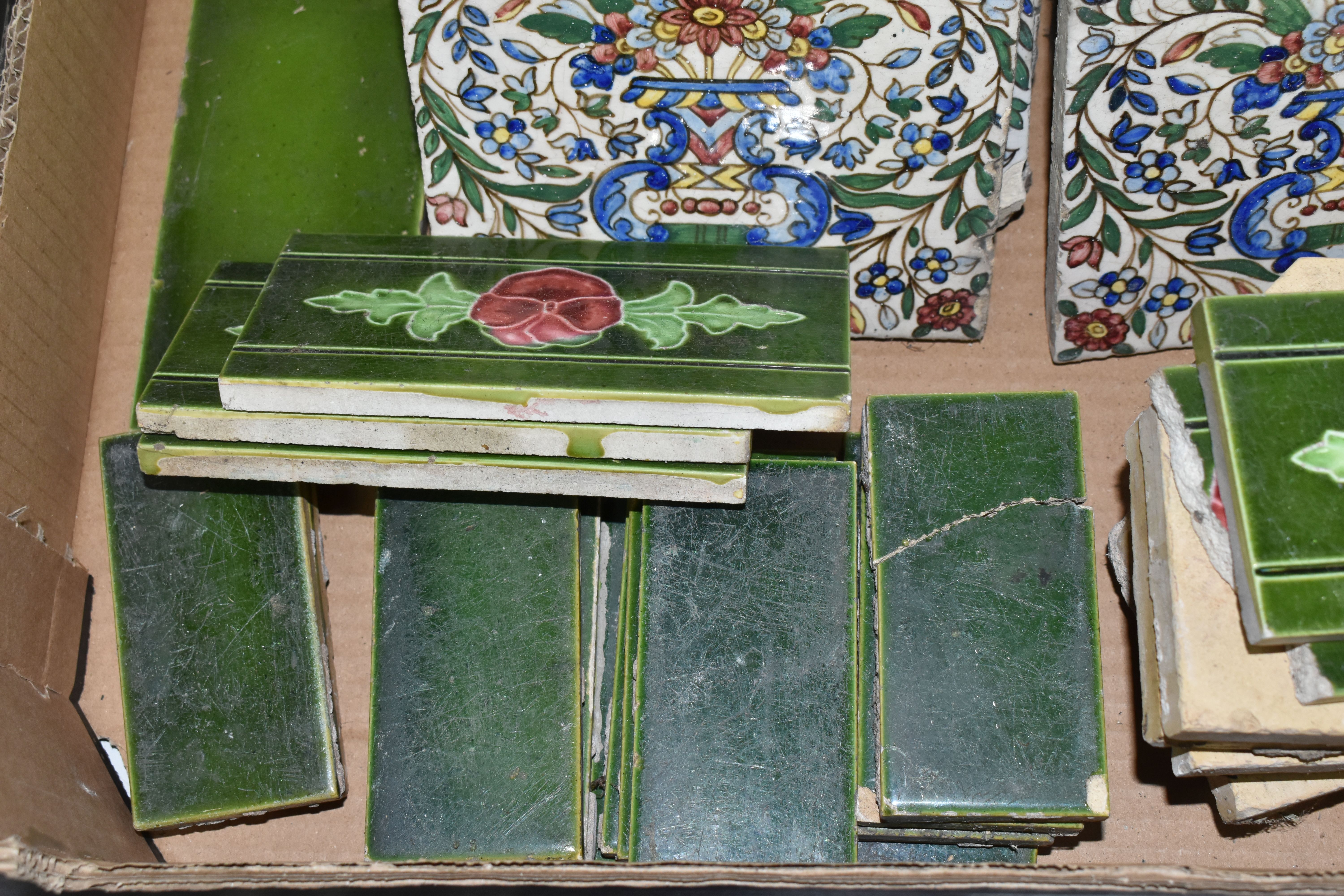A BOX CONTAINING A SELECTION OF CERAMIC TILES INCLUDING BURSLEM AND WILLIAM DE MORGAN STYLE, - Image 5 of 8