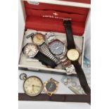 A SMALL BOX OF WRISTWATCHES AND A POCKET WATCH, five gents wristwatches to include an Automatic '