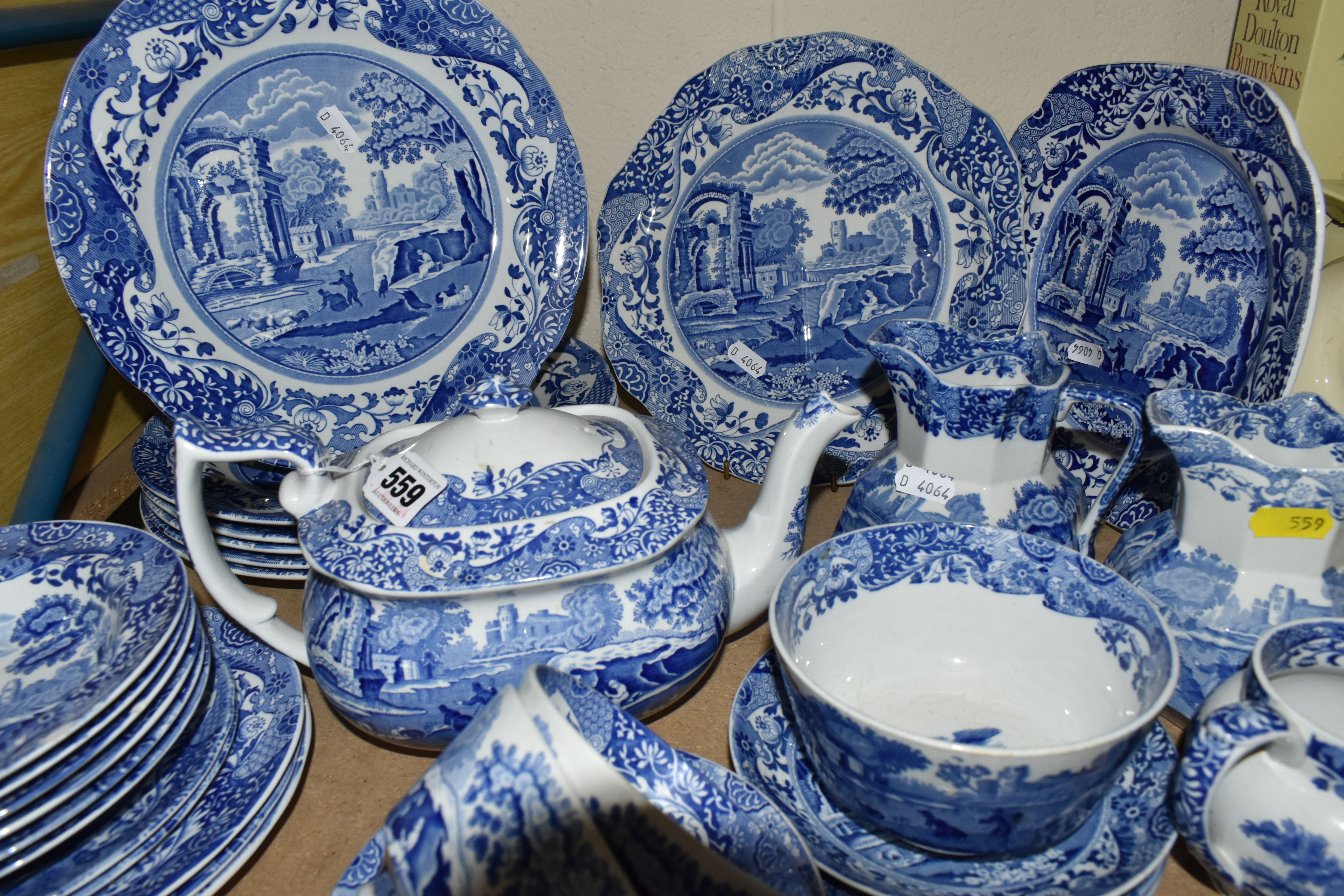 A GROUP OF SPODE'S ITALIAN DESIGN BLUE AND WHITE DINNERWARE, comprising a teapot, covered butter - Image 3 of 7