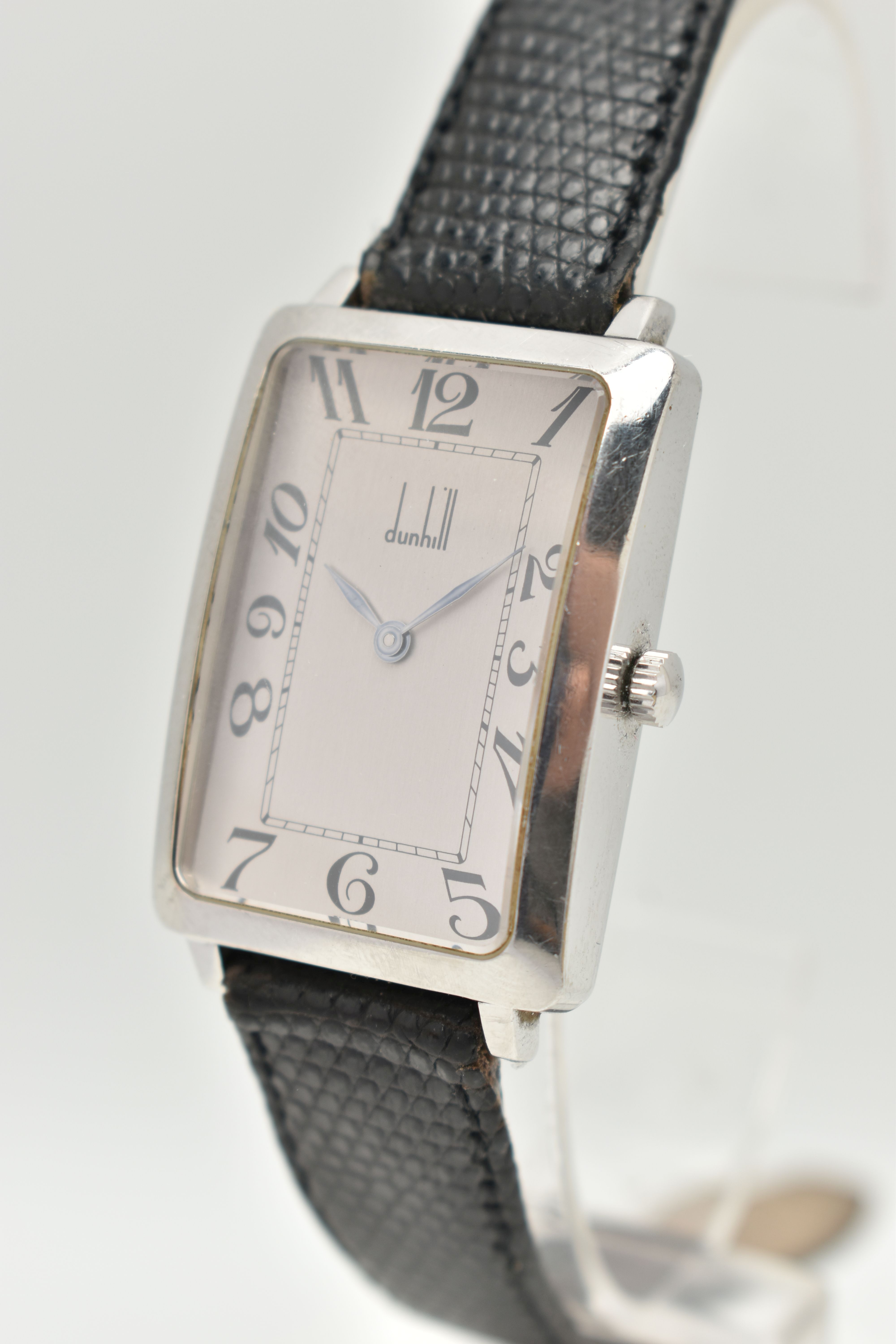 A BOXED GENTS 'DUNHILL' WRISTWATCH, silver rectangular dial signed 'Dunhill' Arabic numerals, blue - Image 3 of 6