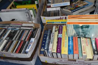 FOUR BOXES OF BOOKS, CDS, and LPs, the sixty five books to include a variety of cookbooks, classics,