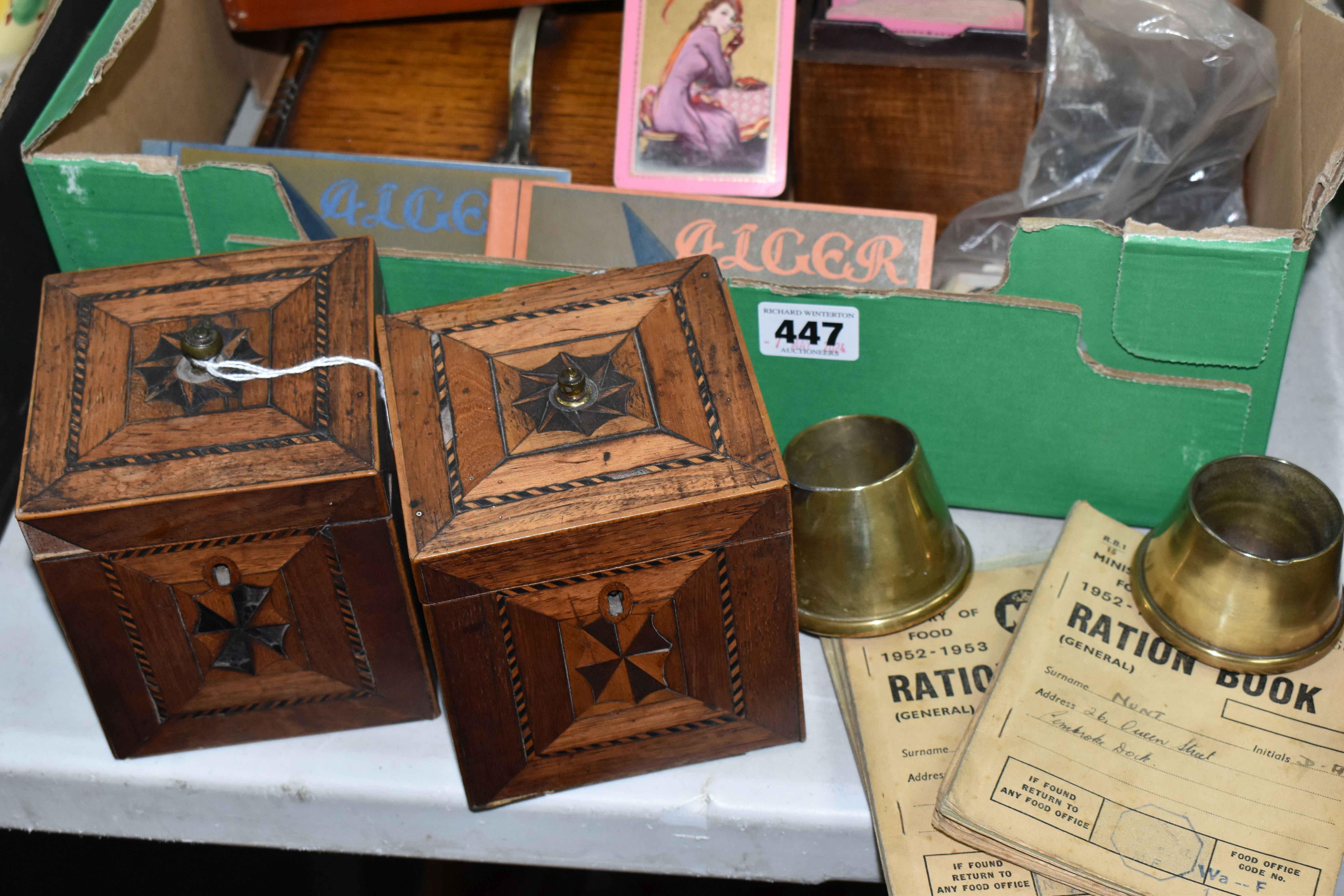 TWO BOXES AND LOOSE BOOKS, EPHEMERA AND SUNDRY ITEMS, to include two small trench art vases, one - Image 2 of 7