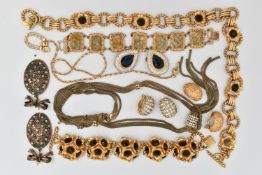 ASSORTED COSTUME JEWELLERY, mostly gilt metal pieces, bracelets, no-pierced clip on earrings,