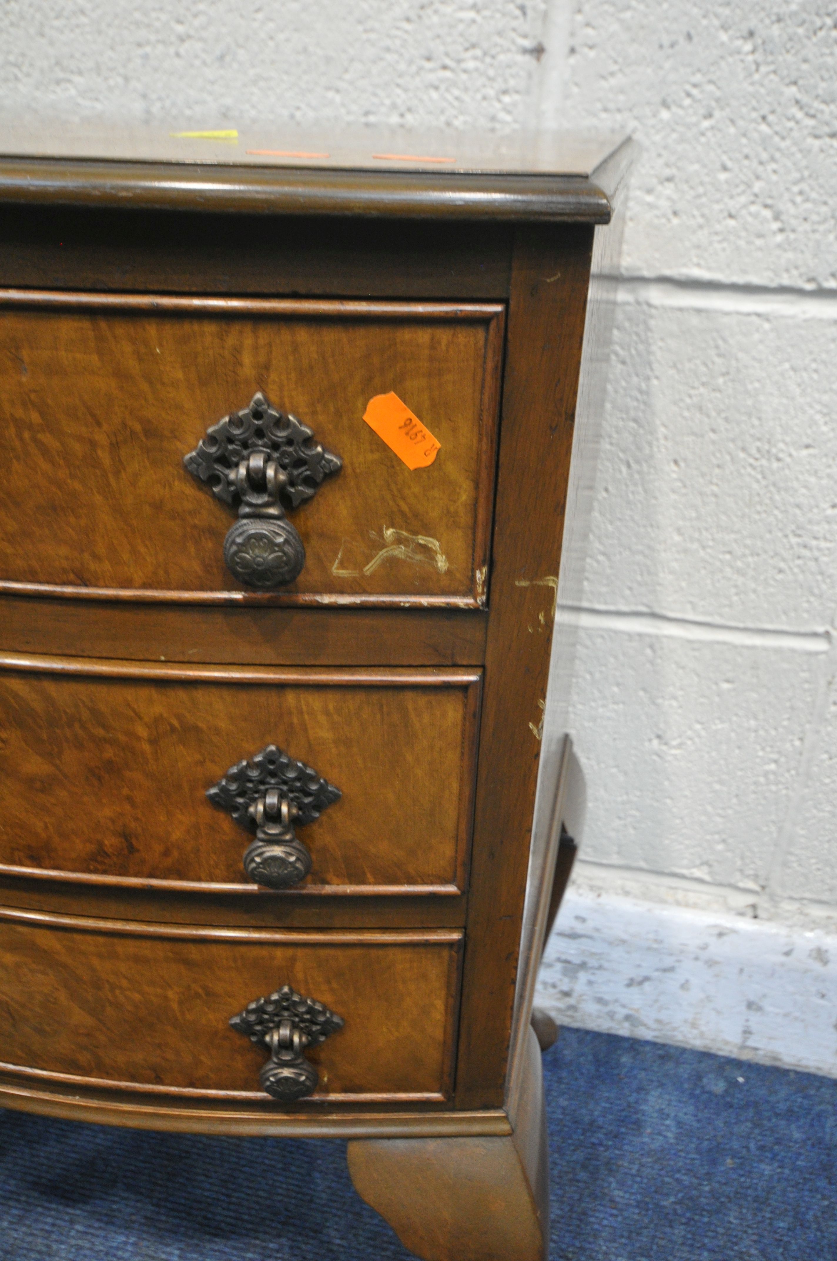TWO BURR WALNUT BOW FRONT THREE DRAWER BEDSIDE CHESTS, raised on cabriole legs, largest width 53cm x - Image 3 of 4