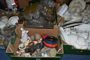 FIVE BOXES OF CERAMICS AND GLASS WARE, to include two boxes of dinnerware by makers including