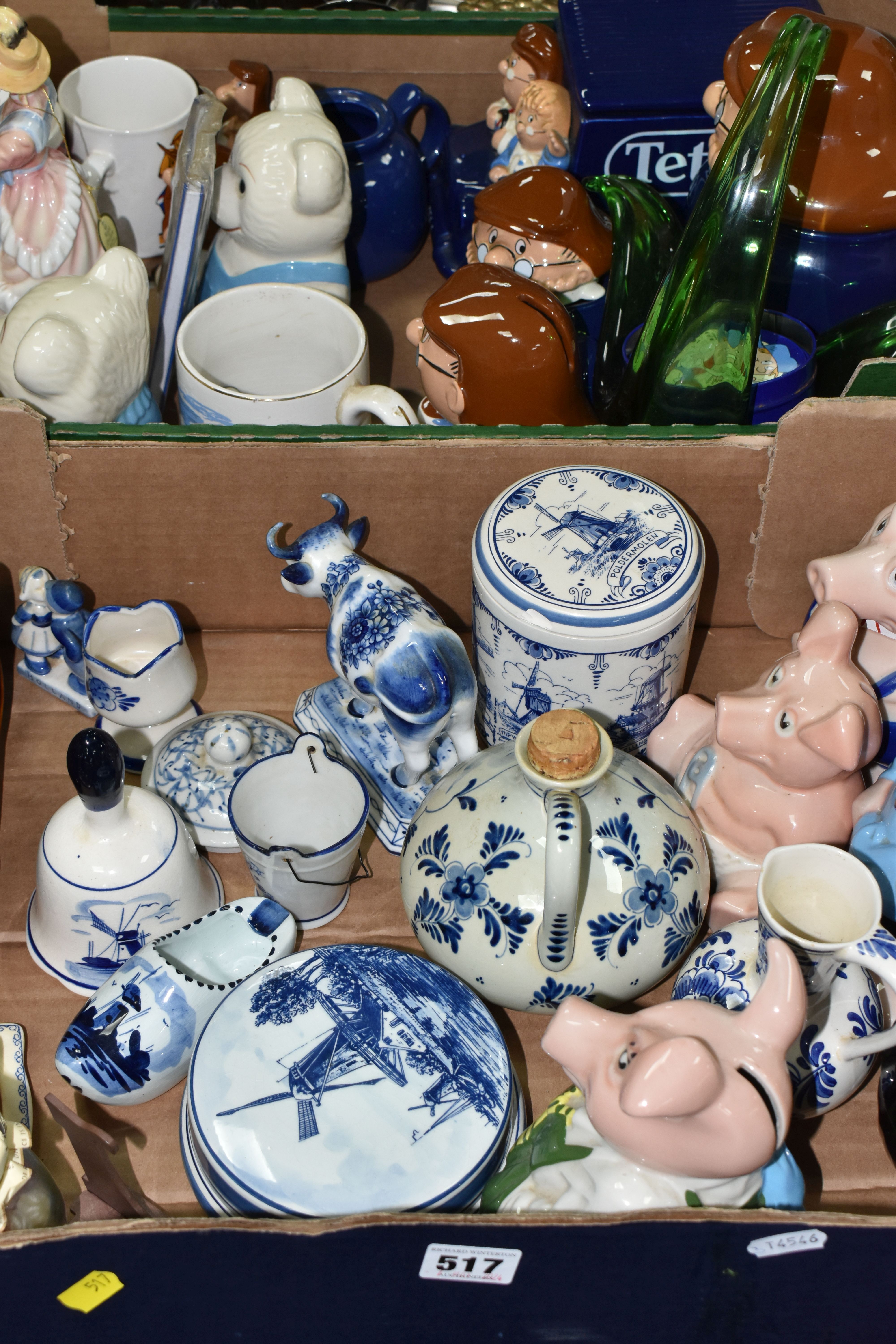 TWO BOXES OF TETLEY TEA NOVELTY CERAMICS, WADE NATWEST PIGGY BANKS, ASSORTED DELFT POTTERY