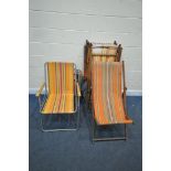 FOUR MID CENTURY FOLDING BEACH CHAIRS, with stripped fabric seats, along with a set of four