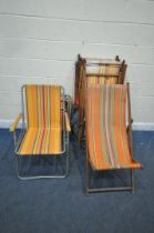 FOUR MID CENTURY FOLDING BEACH CHAIRS, with stripped fabric seats, along with a set of four