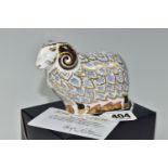 A BOXED LIMITED EDITION ROYAL CROWN DERBY 'PREMIER RAM' PAPERWEIGHT, a Royal Crown Derby visitor