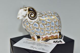 A BOXED LIMITED EDITION ROYAL CROWN DERBY 'PREMIER RAM' PAPERWEIGHT, a Royal Crown Derby visitor